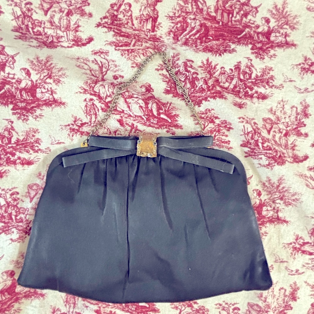 1950s Black Satin Vintage Regency  Clutch with satin & gold Bow & handbag chain